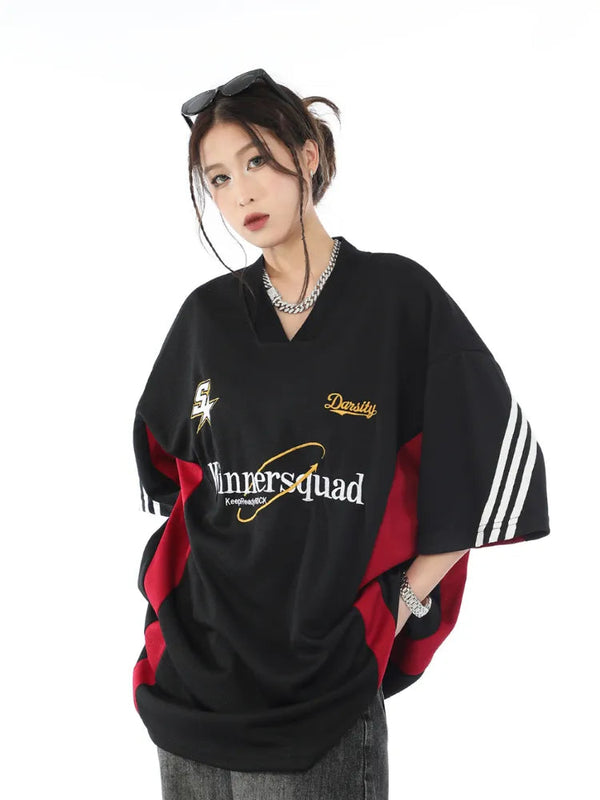 ADAgirl Embroidery Basketball Women T Shirts Sporty Short Sleeve Tees Hip Hop V-neck Female Tops Oversized Streetwear Clothes GatoGeek Black S 