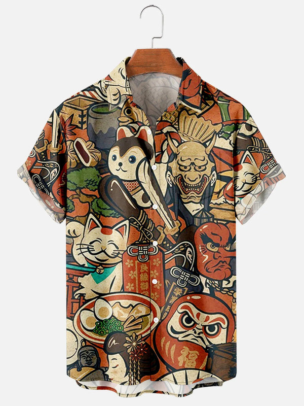 Camisa Casual com Estampas Japonesas Camisa GatoGeek 