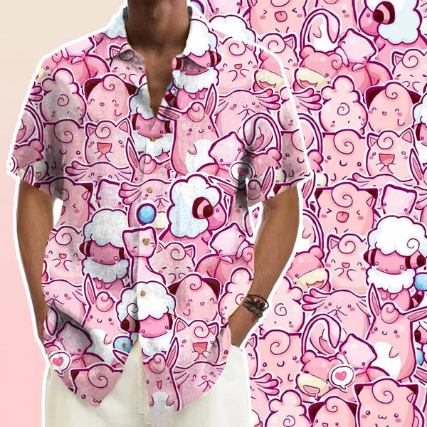Pokemon Jigglypuff Pink Anime Shirts Button Lapel Cardigan Top Men Women Casual Loose Long Sleeve Oversized Shirt Blouses Summer GatoGeek 