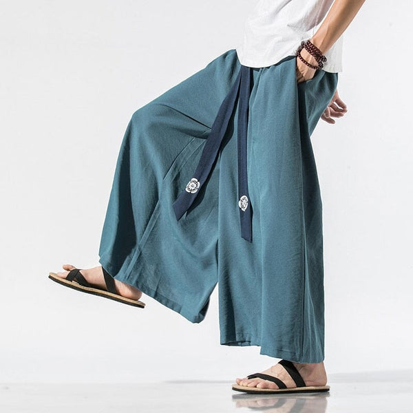 2022 Men Wide Leg Pants Mens Cotton Joggers Retro Loose Trousers Man Chinese Style Linen Pants Male Big Crotch Nepal Robe Pants 0 GatoGeek Peacock blue XXXL 