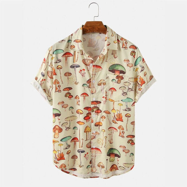 2023 Men's Hawaiian Shirt Fashion Casual Streetwear Turn-down Button Short Sleeve Cartoon Mushroom Beach Printed Shirt Summer 0 GatoGeek Yellow S Pack of 1