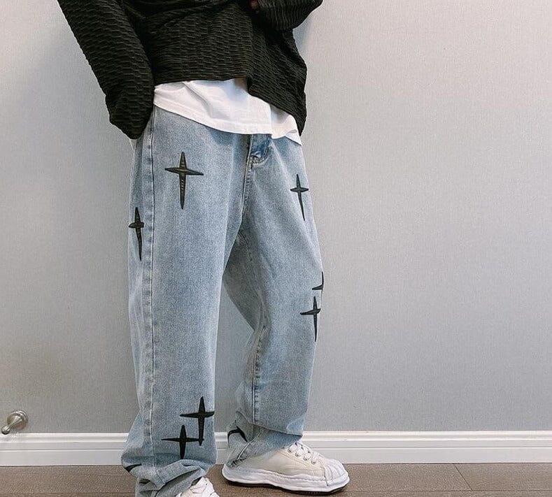 Calça Jeans Baggy com Estrelas Bordadas Y2K calça GatoGeek 