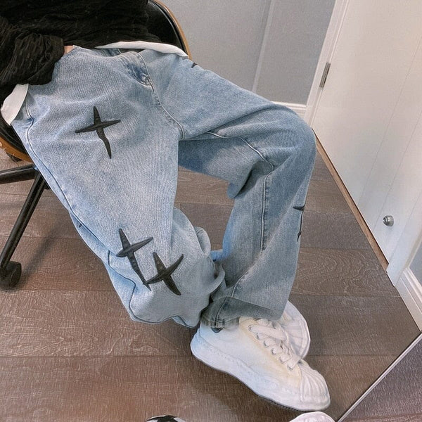 Calça Jeans Baggy com Estrelas Bordadas Y2K calça GatoGeek 