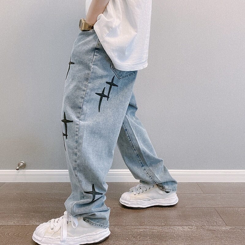 Calça Jeans Baggy com Estrelas Bordadas Y2K calça GatoGeek P (M) 