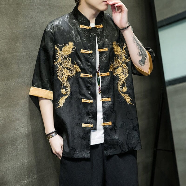 Creative Golden Dragon Embroidery Men's Shirt Tang Suit Hanfu Retro Cheongsam Casual Kung Fu Top Zen Tea Cardigan Coat 0 GatoGeek 