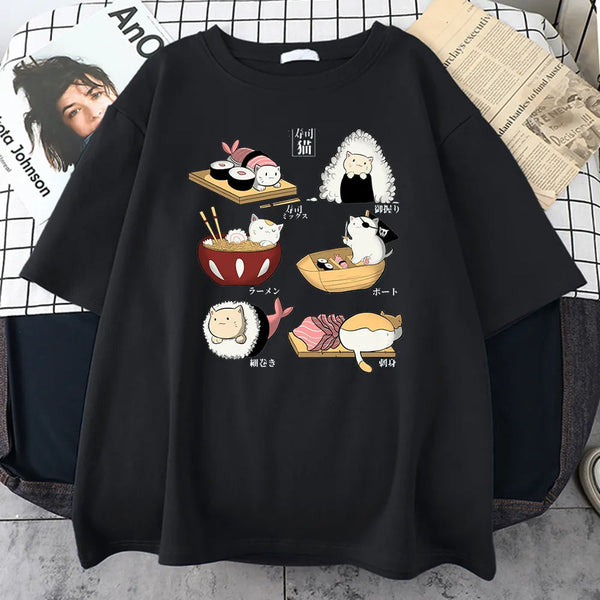 Food Cute Cat Sushi Cartoon Style Mens Cotton Short Sleeve Harajuku Casual All-math T-Shirts Oversize Fashion Man Tee Clothing GatoGeek 
