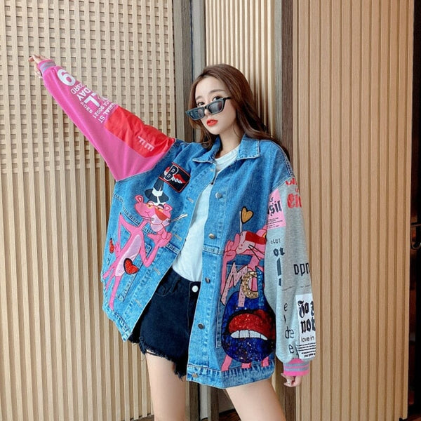 Harajuku Oversize Denim Jackets Women Oversized Jacket Patchwork Color Streetwear Cartoon Print Jean Coat Female Top 0 GatoGeek 
