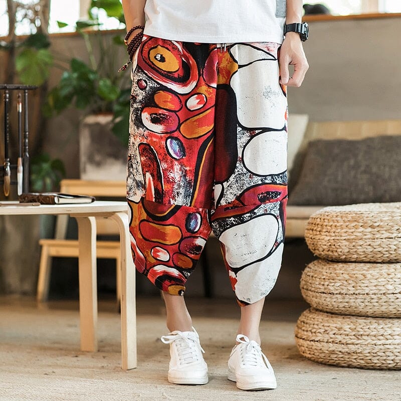 Harajuku Summer Loose Calf Length Casual Pants Men Wide Leg Cotton Linen Printing Baggy Pants Oversize Men's Trousers 0 GatoGeek 