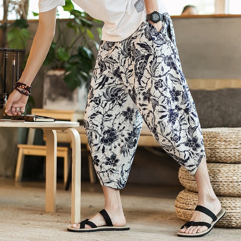 Harajuku Summer Loose Calf Length Casual Pants Men Wide Leg Cotton Linen Printing Baggy Pants Oversize Men's Trousers 0 GatoGeek Model D Chinese Size XXXL 