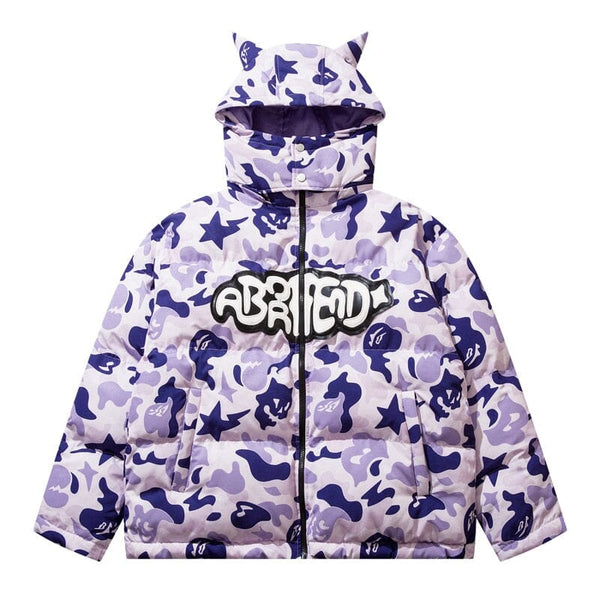HipHop Removable Hood Jacket Parkas Streetwear Camouflage Devil Horn Thicken Warm Padded Coats Harajuku Cotton Puffer Jackets 0 GatoGeek purple S 