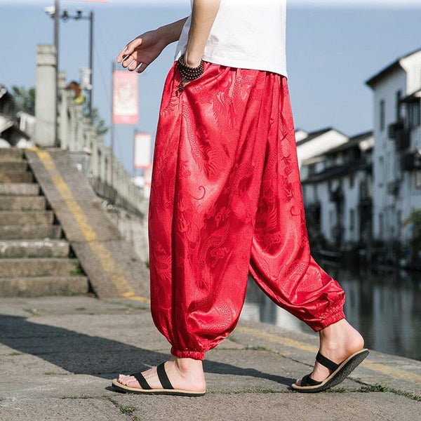 Ice Silk Pants Dragon Pattern Dark Flower Men Beach Bloomers Retro Casual Wide-leg Pants Harajuku Fashion Hip-hop Jogging Pants 0 GatoGeek 