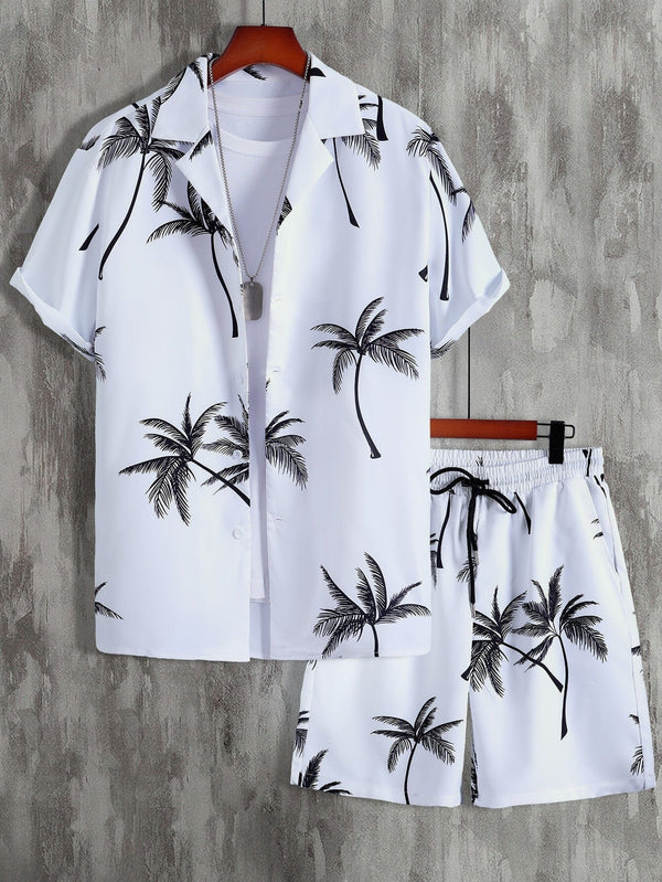 Men Random Palm Tree Print Shirt & Drawstring Waist Shorts Without Tee 0 GatoGeek White S 