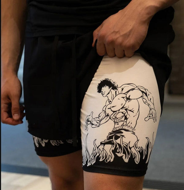 Men's Anime Hanma Baki Fitness Shorts Printed Black Double Layer 2 In 1 Quick-drying Shorts Fitness Running Sports Summer 0 GatoGeek 