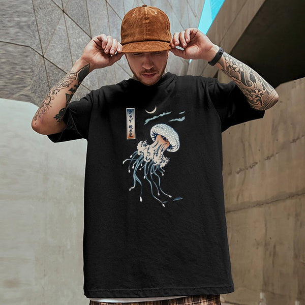 Swimming Colorful Jellyfish Print Man Cotton T Shirts Japanese Casual Short Sleeve Oversize Crewneck Clothing Fashion Mens Tops 0 GatoGeek 