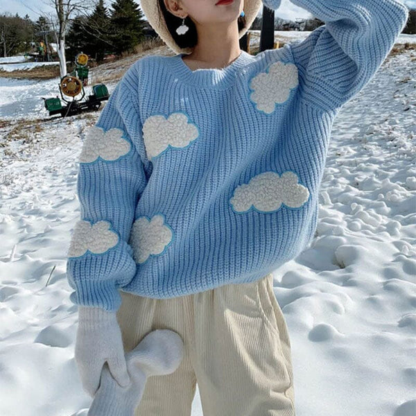 Women&#39;s Cozy Clouds Sweater Cute Cartoon Long Sleeve Crew Neck Pullover Jumper Fall Winter Knit Tops / 0 GatoGeek 