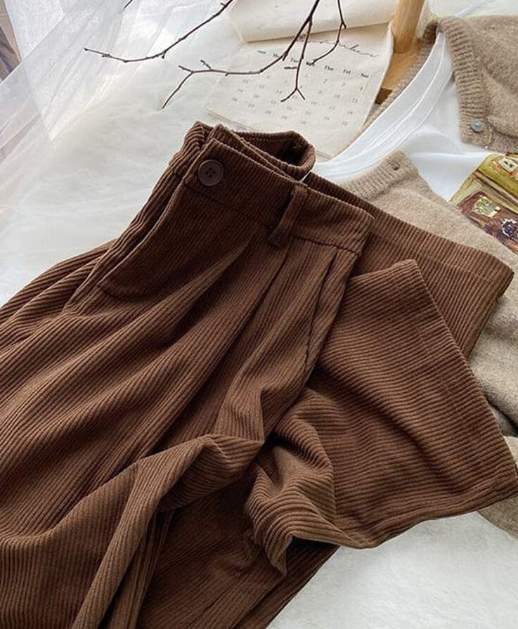 ZOKI High Waist Women Retro Corduroy Pants Fall Straight Causal Full Length Trousers Vintage Coffee Pockets All Match Pants New 0 GatoGeek Coffee S 